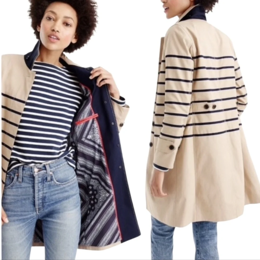 J.Crew Women's Size 6 Striped Beige Navy Blue Trench Coat Jacket